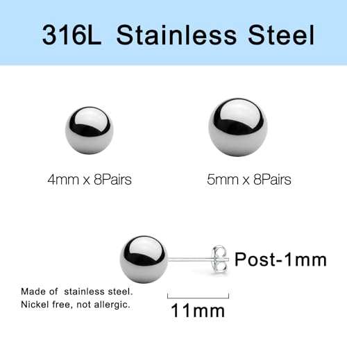 15 Pairs Surgical Steel Ball Stud Earrings Set | Fadeless, PVD Plating, Stainless Steel, Fadeless, Waterproof, High Polish, Hypoallergenic - color: Silver 16Pairs (4mm 5mm )