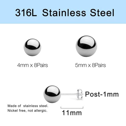 15 Pairs Surgical Steel Ball Stud Earrings Set | Fadeless, PVD Plating, Stainless Steel, Fadeless, Waterproof, High Polish, Hypoallergenic - color: Silver 16Pairs (4mm 5mm )