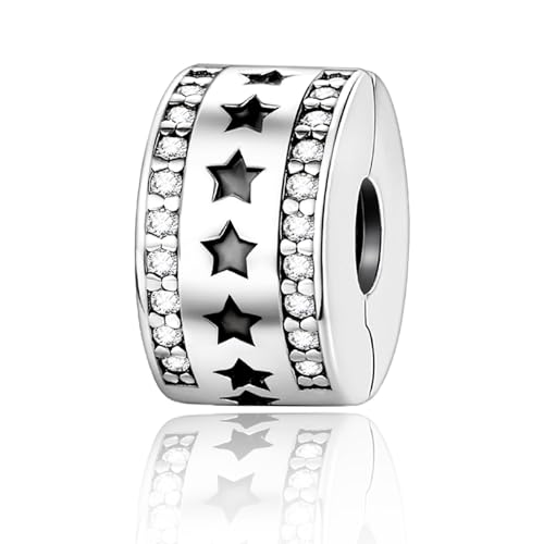 925 Sterling Silver Openable Clip Spacer Bead Fits Pandora Bracelet | Hypoallergenic Clip Stopper Charm, Star Clover Butterfly Floral Mom Heart Paved Zircon Gift for DIY Charm Bracelet Jewelry - color: Cutout Star
