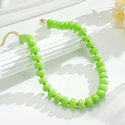 Beaded Necklaces for Women - Colorful Acrylic Beaded Chunky Necklace | Adjustable Statement Necklace, Puffy Heart Pendant, Boho Choker Necklace, Waterproof Summer Beach Jewelry, Gifts for Vacation - color: Light Green
