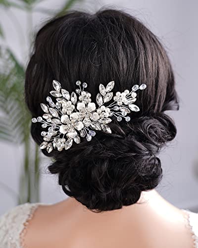 Kercisbeauty Wedding Bridal Silver Hair Comb Crystal Flower Hair Piece for Women Girls Banquet Jewelry (Silver) - color: Silver