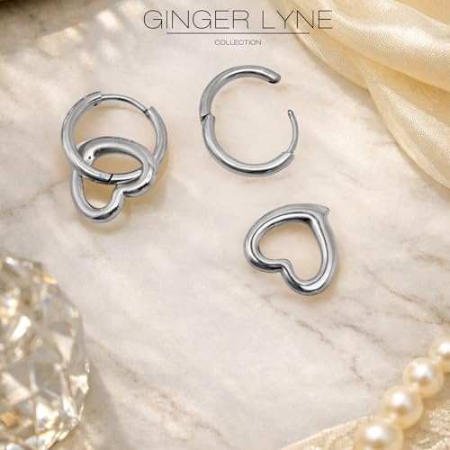 Open Heart Charm Hoop Earrings for Women by Ginger Lyne | 18K Gold Plated Stainless Steel Lightweight 12mm Classic Round Clicker for Lobe Cartilage Piercing Body Jewelry for Her - color: Silver Tone