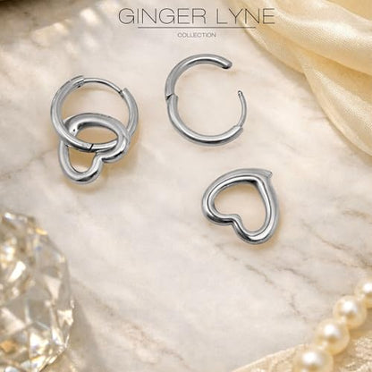 Open Heart Charm Hoop Earrings for Women by Ginger Lyne | 18K Gold Plated Stainless Steel Lightweight 12mm Classic Round Clicker for Lobe Cartilage Piercing Body Jewelry for Her - color: Silver Tone