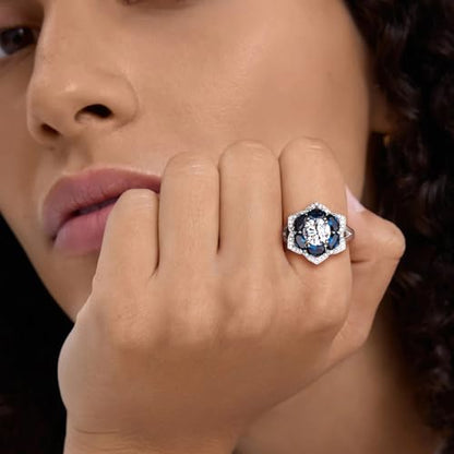 Flower Cocktail Ring for Women Stone Engagement Anniversary Rings | Sterling Silve|Hypoallergenic|Ruby|Sapphire|Emerald|Wedding and Birthday Party Women Statement Ring|Mother and Grandma Gift - color: London Blue Topaz (Dec.)