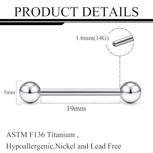 Ruifan Grade 23 Titanium Internally Threaded Nipple Piercing Jewelry Barbell Ring PA Tongue Rings Nipple Straight Body Piercing Jewelry for Women Men 16G 14G 12G 8G 6G 4G 2G - size: 14GA - 3/4" (19mm)