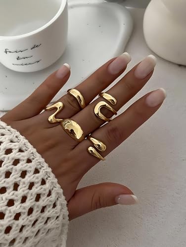 17 MILE Chunky Gold Stackable Rings for Women Non Tarnish, 18K Gold-Plated Statement Open Stacking Rings, Knuckle Band Ring Set - color: Gold 5 Pcs