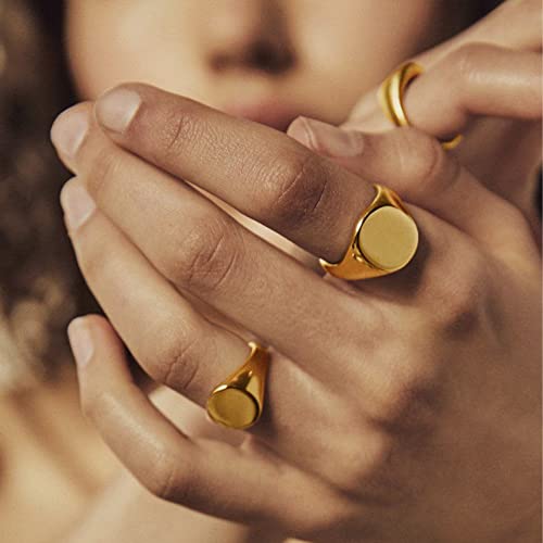 GoldChic Jewelry Personalized Signet Rings Men Women, Stainless Steel Custom Photo Bold Square/Oval Monogram/Old English Initial Pinky Stacking Statement Ring in Black/Silver/Gold (Size 7-14) - color: Gold-Blank - Round