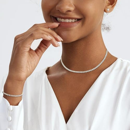 Luxval Tennis Necklace Set for Women Tennis Bracelets Diamond Earrings Sterling Silver Necklace Wedding Jewelry for Bride Silver Jewelry Sets for Women Gift - color: Silver-CZ 3pcs