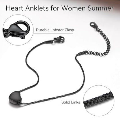 ChainsHouse Ankle Bracelets for Women, Stainless Steel Beaded Chain Ankle Bracelet, Womens Heart Anklets for Summer Beach Jewelry Gifts - color: T: heart-black