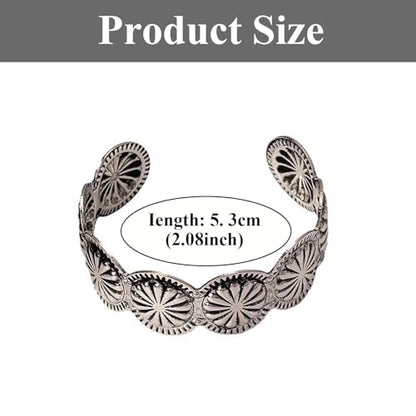 ASIJUNTYECHO Silver Western Bracelet, Concho Cuff Bracelets for Women | Alloy with antique distressed finish, sunburst concho engraving, adjustable open cuff, western silver bracelet for cowgirls