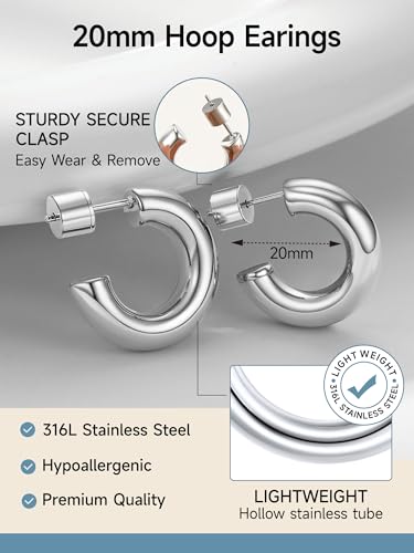 PROSTEEL Chunky Hoop Earrings for Women 14K Gold Plated/Black/Silver | 20/30/40/50/60/70/80mm Stainless Steel Thick Big Round Hoop with Waterproof and Non Tarnish Trendy Jewelry with Gift Box - color: 2. Silver, size: 20MM