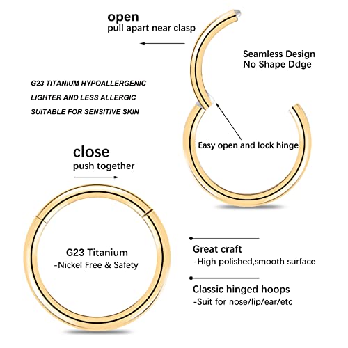8pcs Titanium Nose Ring Hoops Septum Hinged Nose Rings 20G 18G 16G Diameter 6mm-10mm Black/Silver/Gold/Rose Gold/Pink/Blue/Green/Rainbow Cartilage Conch Helix Rook Hoop Earrings