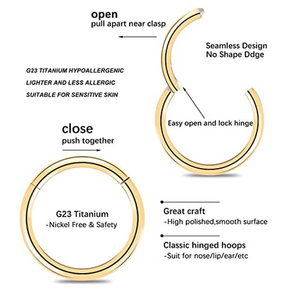 8pcs Titanium Nose Ring Hoops Septum Hinged Nose Rings 20G 18G 16G Diameter 6mm-10mm Black/Silver/Gold/Rose Gold/Pink/Blue/Green/Rainbow Cartilage Conch Helix Rook Hoop Earrings