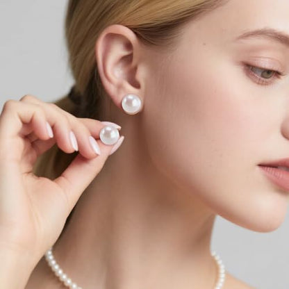 Shell Pearl Stud Earrings for Women, 925 Sterling Silver Posts | 18K Gold Plated, Round White Simulated Pearl Earrings for Sensitive Ears, Hypoallergenic Minimalist Jewelry - size: 12mm