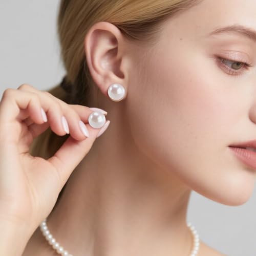 Shell Pearl Stud Earrings for Women, 925 Sterling Silver Posts | 18K Gold Plated, Round White Simulated Pearl Earrings for Sensitive Ears, Hypoallergenic Minimalist Jewelry - size: 10mm