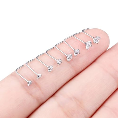 Hoeudjo Hypoallergenic Nose Rings Studs 24G Surgical Stainless Steel Cubic Zirconia Nose Studs for Women Men Screw & Bone & L Shaped Nostril Piercing Jewelry with 1.5mm 2mm 2.5mm 3mm CZ - color: silvertone,L-shaped nose studs
