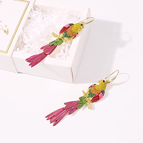 Rhinestone Parrot Bird Dangle Earrings for Women Girls Colorful Crystal Pink Feather Statement Drop Fish Hook Dangling Stud Lightweight Boho Carnival Holiday Prom Party Jewelry Gifts Souvenirs