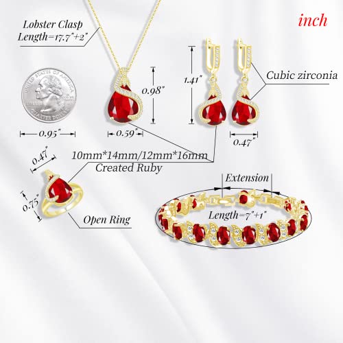 GZWHD Jewelry Set for Women Water Drop Cubic Zirconia Artificial Crystal Earrings Pendant Necklace Open Ring Tennis Bracelet Wedding Anniversary Birthday Engagement Gift for Bridesmaid Wife Girlfriend Friend - color: Gold-Ruby