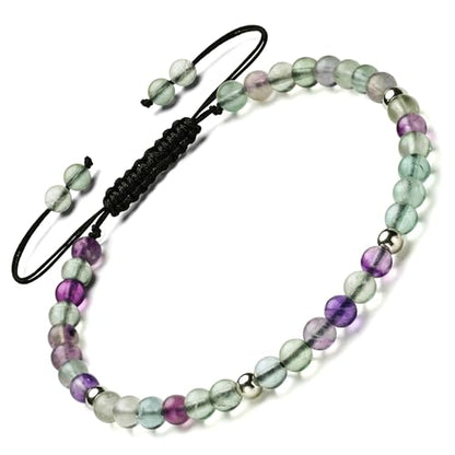 Natural Stone&925 Sterling Silver/18K Gold Anklet,│4MM│9-12 in│, Hand Woven, Adjustable Size - color: Colour Fluorite,4MM