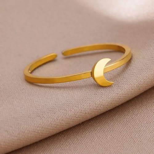 Sun and Moon Rings Stainless Steel Crescent Sun Rings for Women Gold Open Ring Middle Index Finger Jewelry Gift - color: C-Gold Moon