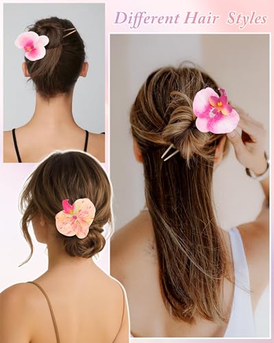 WELROG 3-Pcs Metal Hawaiian Orchid Hair Pins, Non-Slip Stick for Beach Updo | Tropical Flower Vibes,Weddings and Vacations - color: Pink1+Pink2+Orange