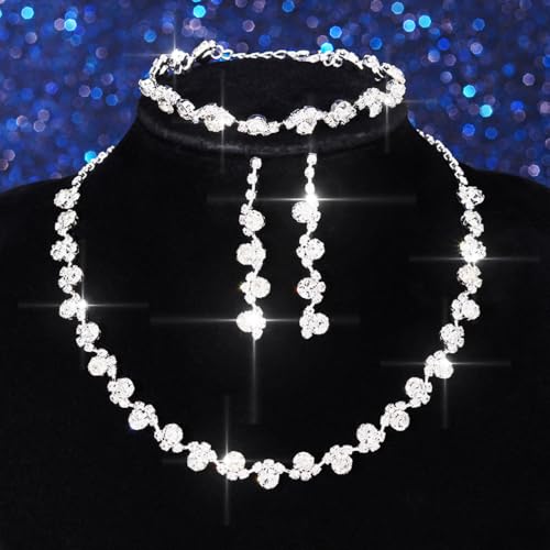 Aukmla Bridal Wedding Jewelry Set Silver Rhinestones Choker Necklaces Earrings Bracelet Sets Prom Jewelry for Women and Brides - color: Silver
