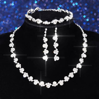Aukmla Bridal Wedding Jewelry Set Silver Rhinestones Choker Necklaces Earrings Bracelet Sets Prom Jewelry for Women and Brides - color: Silver
