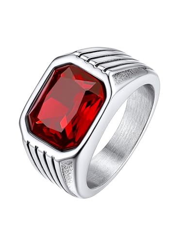 Bestyle Chunky Signet Ring for Men, Stainless Steel/Black Ring Synthetic Gemstone Band Ring Biker Ring for Men, Thumb Pinky Ring Mens Fashion Ring Jewelry Size 7-14, Gift Package - color: 2.red garnet-silver