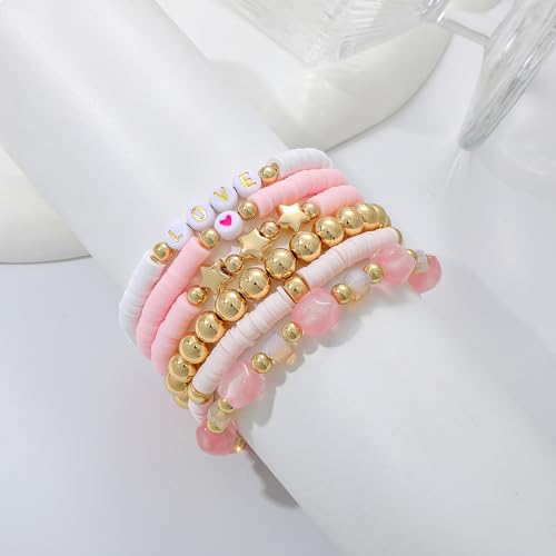 Summer Surfer Heishi Bracelet Set for Women Stackable Gold Plated Clay Ploymer Bead Stretch Pink Beach Layering Bracelets Jewelry - color: B-A6 plastic 6pcs