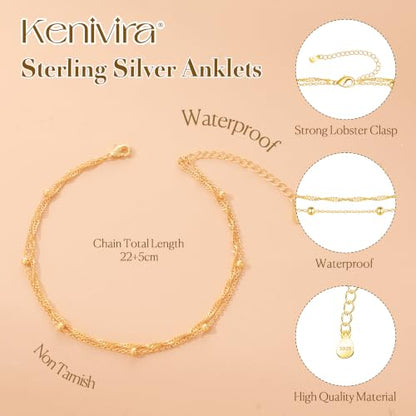 Kenivira 925 Sterling Silver Ankle Bracelets For Women Dainty Layered Waterproof 18K Gold Plated Anklets For Women Beach Adjustable Anklet Foot Jewellery - color: layerd-G