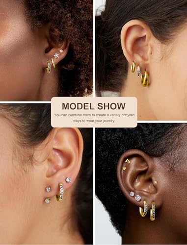 5 Pairs Huggie Hoop Earrings, Cubic Zirconia 14K Gold-Plated 316L Surgical Steel, Hypoallergenic Lightweight Design for Women & Men Cartilage & Multi-Piercing Stacking(13-21mm) - color: D+gold+black
