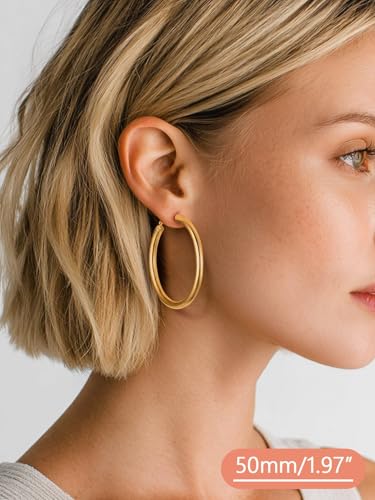 FaithHeart Silver/Black/Gold Stainless Steel Chunky Hoop Earrings for Women | Hypoallergenic Lightweight Hoop Earrings, Trendy Statement Thick Hoop, 20/30/40/50/60/70/80mm - color: Gold, size: 50mm