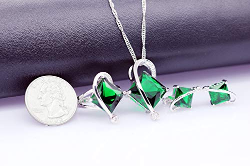 Uloveido Charm Created Topaz Big Square Crystal Necklace Matching Stud Earrings Rings Jewelry Set T295 - color: Green