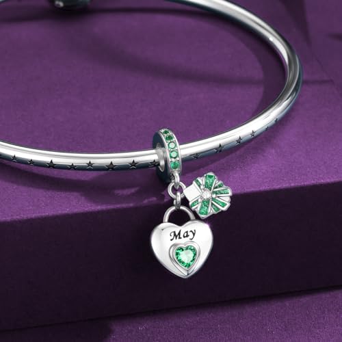 925 Sterling Silver Birthstone Bracelet Charm - Unique Heart Shaped Design, Fits most Europe Pandora Bracelets and Necklaces, women's DIY holiday Gifts - style: E-May