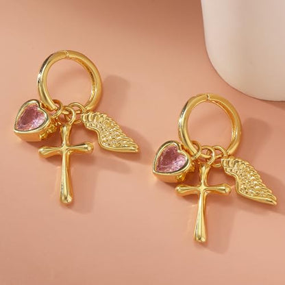 Dangle Gold Charm Earrings for Women 14K Gold Plated Bow Cherry Rose Zirconia Dragonfly Love Heart Wing Cross Pearl Conch Seashell Huggie Hoop Earring Drop Cross Trendy Party Jewelry Gifts for Women - style: Cross and Wing