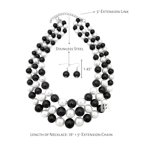 Simulated Pearl Necklace & Earring Set, Multi Strand - color: Black + White Mix