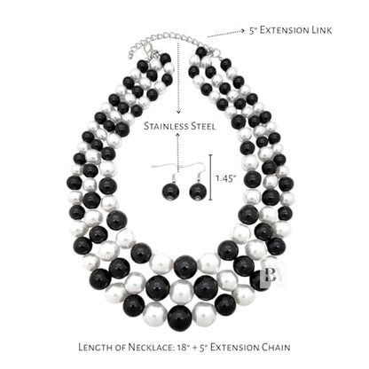 Simulated Pearl Necklace & Earring Set, Multi Strand - color: Black + White Mix