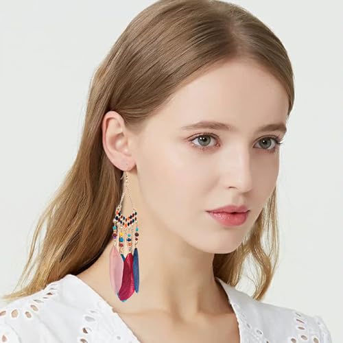 Faux Feather Fringe Tassel Long Dangle Earrings for Women | Bohemian Women Tassel Drop Jewelry - color: colorful