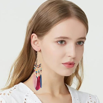 Faux Feather Fringe Tassel Long Dangle Earrings for Women | Bohemian Women Tassel Drop Jewelry - color: colorful