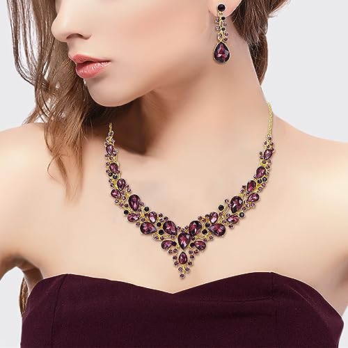 Women's Wedding Statement Necklace Dangle Earring Jewelry | Austrian Crystal Teardrop Cluster,Necklaces Earrings Set for Bride Bridesmaid,Prom Accessories - color: 06-Deep Amethyst Color Gold-Plated-Base