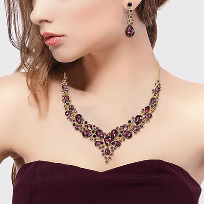 Women's Wedding Statement Necklace Dangle Earring Jewelry | Austrian Crystal Teardrop Cluster,Necklaces Earrings Set for Bride Bridesmaid,Prom Accessories - color: 06-Deep Amethyst Color Gold-Plated-Base