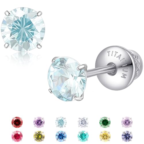 Limerencia Birthstone Screw Back Earrings G23 Implant Grade Titanium Stud Earrings Hypoallergenic Cubic Zirconia Posts Studs Jewelry Gifts for Girls Sensitive Ears - color: March