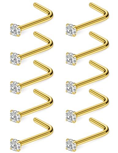 Nose Studs Surgical Steel Nose Rings Studs with Cubic Zirconia 10Pcs Tiny Nostril Rings for Women Screw Bone and L-Shaped Nostril Piercing Jewelry 24G 22G 20G 18G - color: goldtone,L shaped nose studs, size: 20g,2.0mm Clear CZ