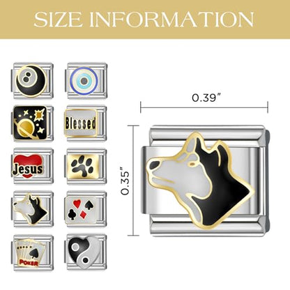 Stainless Steel Italian Charm Bracelet, 18 Link Starter Bracelet 9mm Charms | Italian Charm Bracelet with 9Pcs/20Pcs Charms and Opening Tools, Classic 9mm Modular Charm, Personalized Jewelry Gift - color: Silver-Black Poker