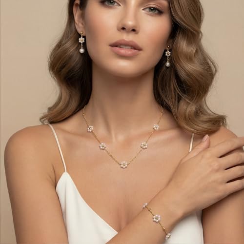 Gold Jewelry Sets for Women, Gold Pearl Dangle Earrings Bracelets Necklaces Set, Women's Jewelry Gifts for Women Wife - style: Gold Daisy Pearl Necklace Set-3PCS