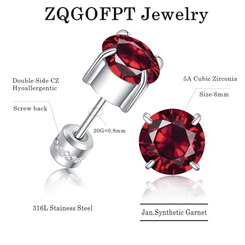 Titanium Flat Back Surgical Stainless Steel Stud Earrings for Women Men,Birthstone Stud Earrings Hypoallergenic Double Side 5A Cubic Zirconia Studs Jewelry 6mm - color: January(Garnet)