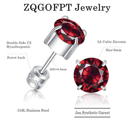 Titanium Flat Back Surgical Stainless Steel Stud Earrings for Women Men,Birthstone Stud Earrings Hypoallergenic Double Side 5A Cubic Zirconia Studs Jewelry 6mm - color: January(Garnet)