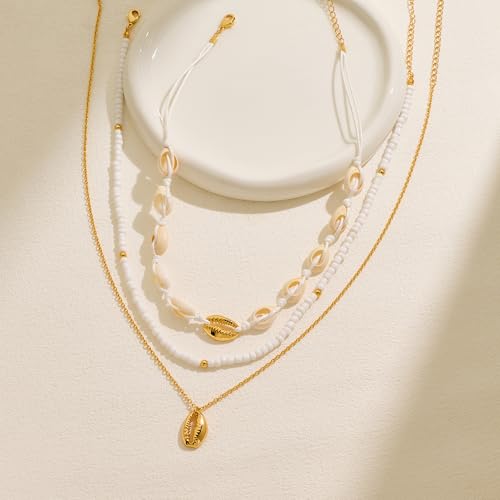 Shell Necklaces for Women Trend Boho Scarf Necklaces Ocean Mermaid Conch Seashell Necklace Summer Gold Fish Necklace Fashion Beach Jewelry - color: White shell bead necklace