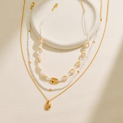 Shell Necklaces for Women Trend Boho Scarf Necklaces Ocean Mermaid Conch Seashell Necklace Summer Gold Fish Necklace Fashion Beach Jewelry - color: White shell bead necklace