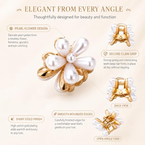 24 Pcs Gold Small Flower Hair Clips for Women Girls, Cute Mini Tiny Little Pearl Decorative Hair Claw Clips, Sparkling Metal Flower Sweet Hair Accessories